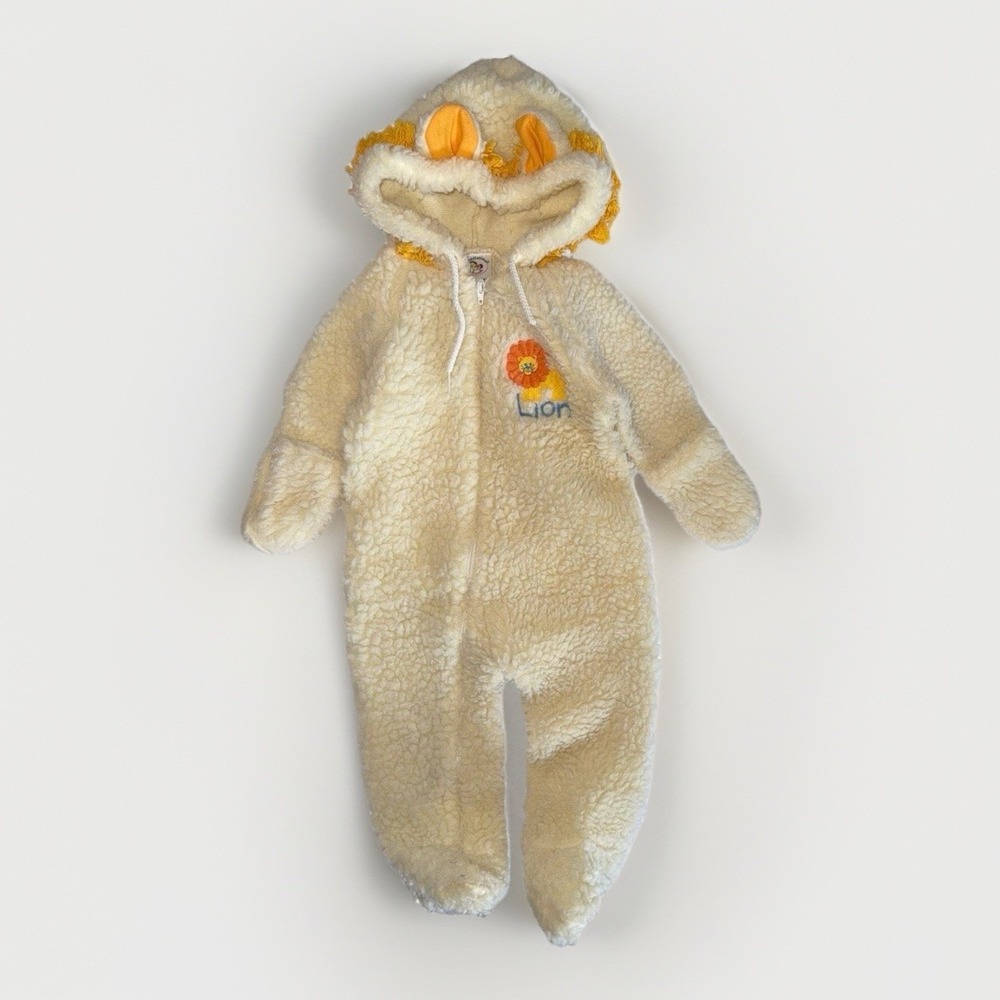 Vintage Toddletime Baby Lion Bunting 6-12M Teddy Fleece Hooded Pram Suit USA